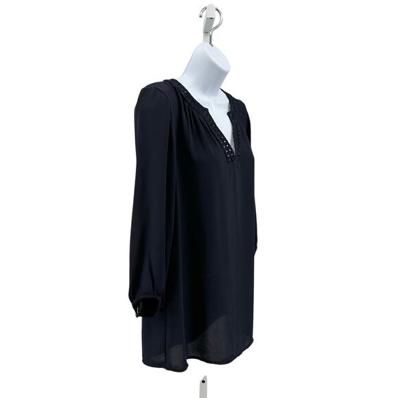 Banana Republic Cut-Out V-neck Tunic Top Women Small Navy Long Sleeve Perforated - Picture 2 of 7